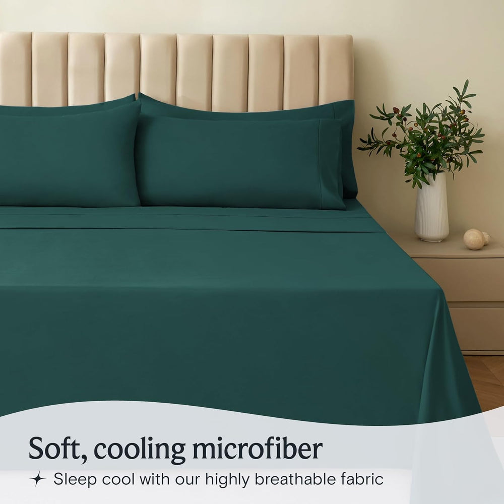 4 PC California King Sheet Set, Deep Pockets Wrinkle Free Cooling Bed Sheets Hotel Bedding for Women, Men, Includes 1 Fitted Sheet, 1 Flat Sheet and 2 Pillowcases-Soft Emerald